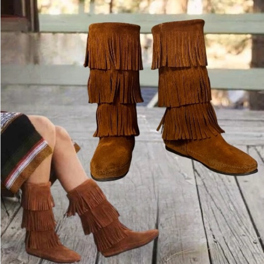 Minnetonka Tan Fringe Ankle Booties